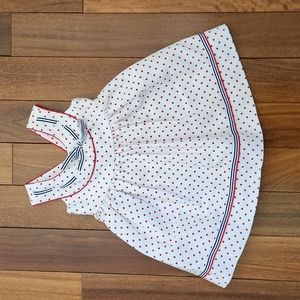 White dress w/red dots, navy and white ribbon